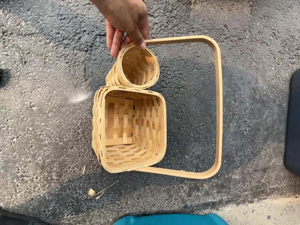 Vintage Hand-Woven Wood Splint Storage Basket with Attached Small Round Basket